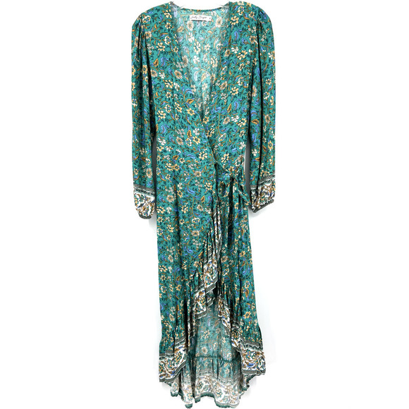 Salty Bright Womens 8 Green Floral Long Sleeve Ruffle Hem Wrap Dress Max… - Picture 1 of 9
